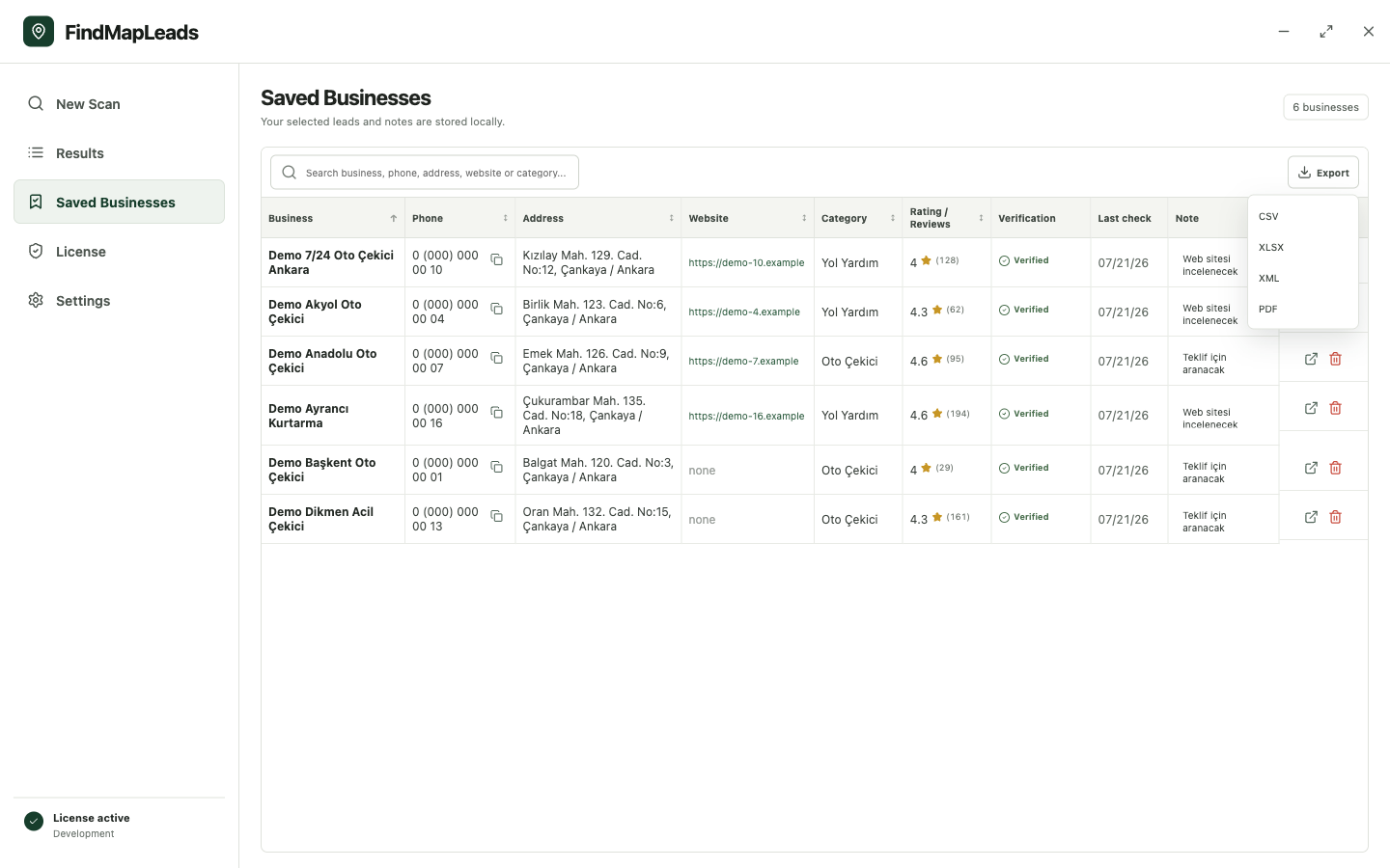 Export menu with CSV, XLSX, XML and PDF options