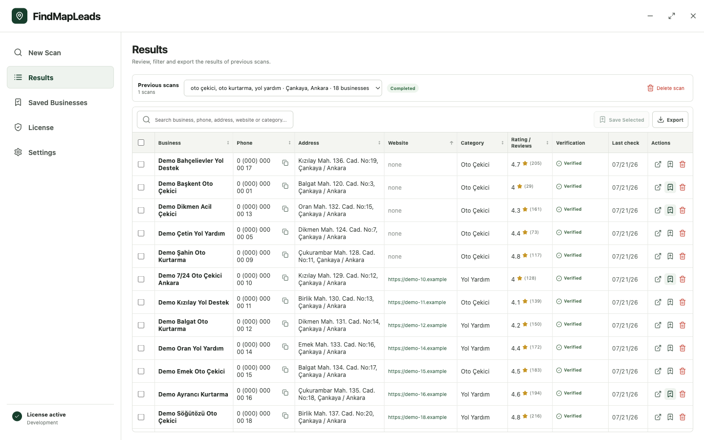Results table with business name, phone, address, website, category, rating and review count