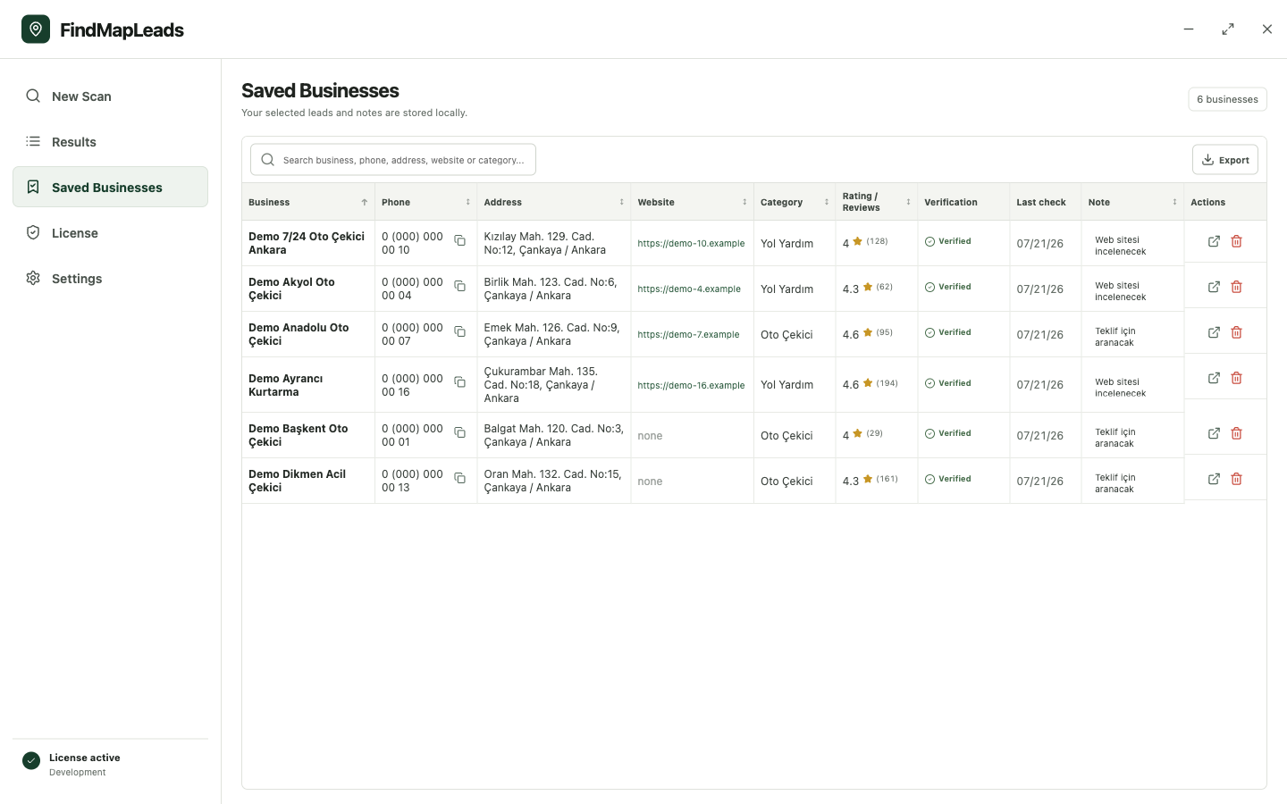 Saved Businesses screen showing sample records and notes